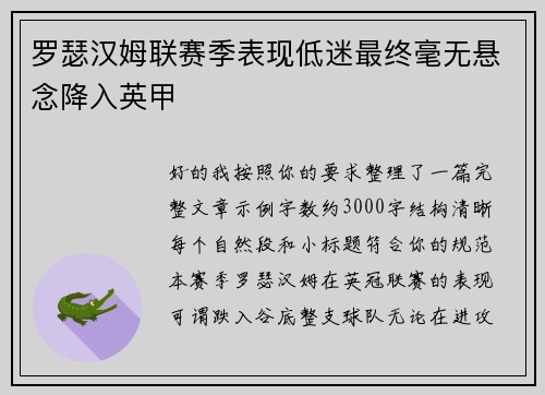罗瑟汉姆联赛季表现低迷最终毫无悬念降入英甲 罗瑟汉姆联赛季表现低迷最终毫无悬念降入英甲